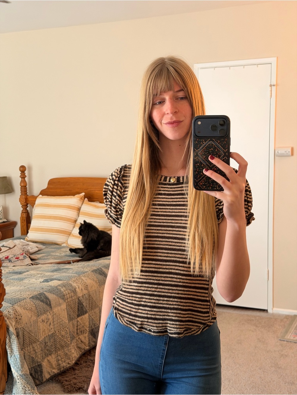 Free People Striped Short-Sleeve Knit Top Balloon Sleeve in Black and Cream